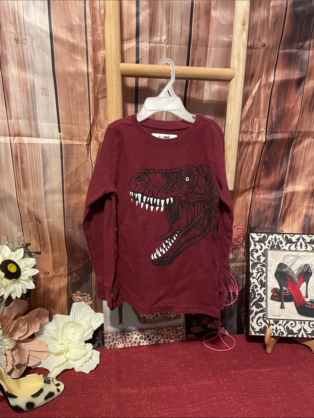 Kids Burgundy Long Sleeve Tee with Black Dinosaur Print